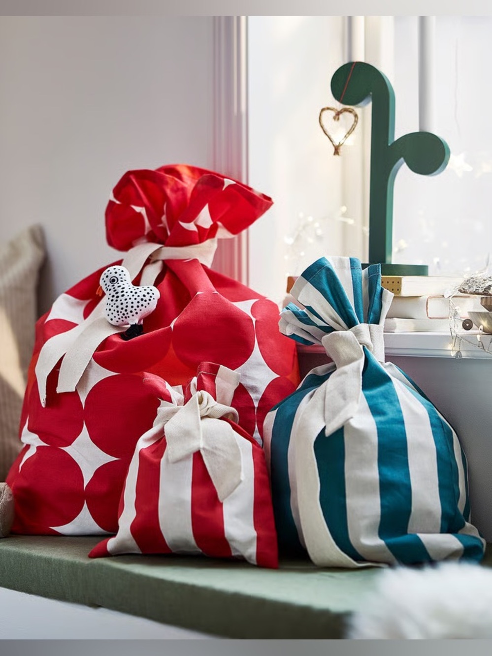 Holiday Gift Bags Set - Red & Teal Striped and Polka Dot Fabric Bags